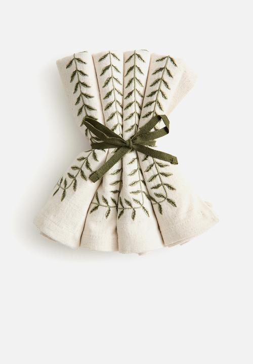 H&M - 4 pack embroidered napkins - beige foliage