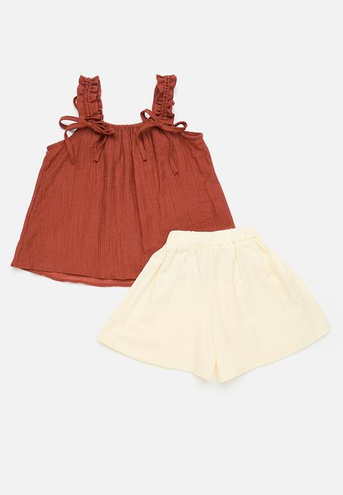 Pop Candy - Top with drawstring straps & flared shorts - rust/cream
