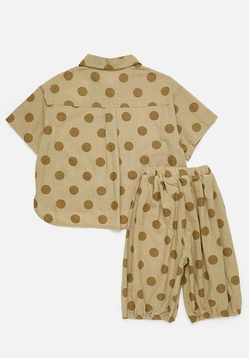 Pop Candy - Dolphin hem shirt & shorts set - brown/polka dots