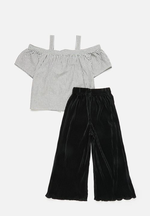 Pop Candy - Off-the-shoulder top & pants with accordion pleats - stripes/black