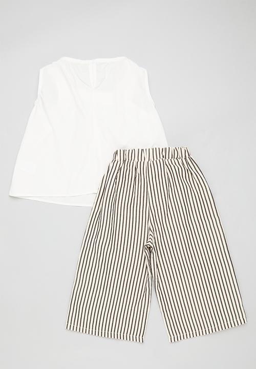 Pop Candy - Elasticated front neck top with wide leg pants - white/stripes