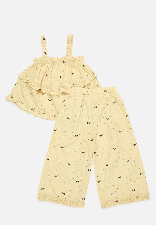 Pop Candy - Ruffle hem top & pants - lemon chiffon/bow/micro dot aop