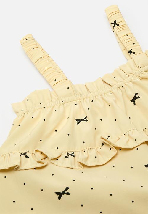 Pop Candy - Ruffle hem top & pants - lemon chiffon/bow/micro dot aop