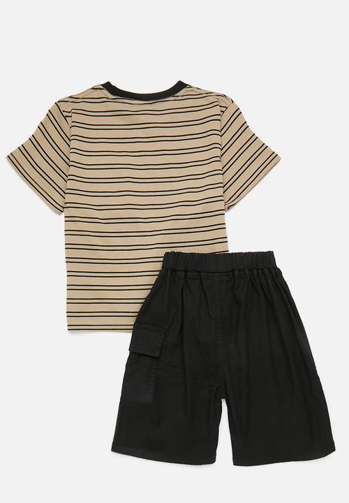 Pop Candy - Striped tee with contrast rib & shorts - beige/black