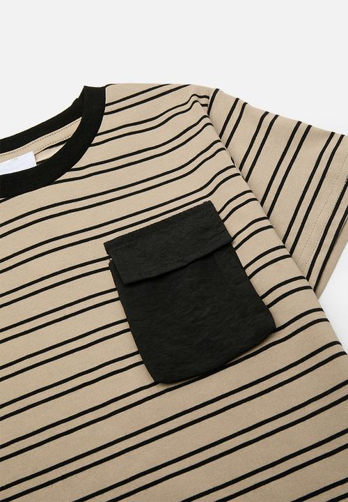 Pop Candy - Striped tee with contrast rib & shorts - beige/black