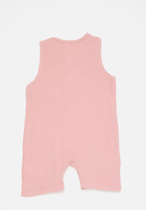 Pop Candy - Crinkled cotton romper with textured bear badge - pink
