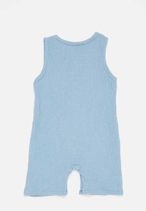 Pop Candy - Crinkled cotton romper with textured bear badge - blue