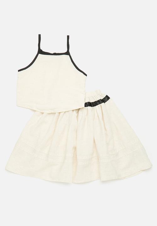 Pop Candy - Square neck top & skirt with contrast bias binding - cream/black