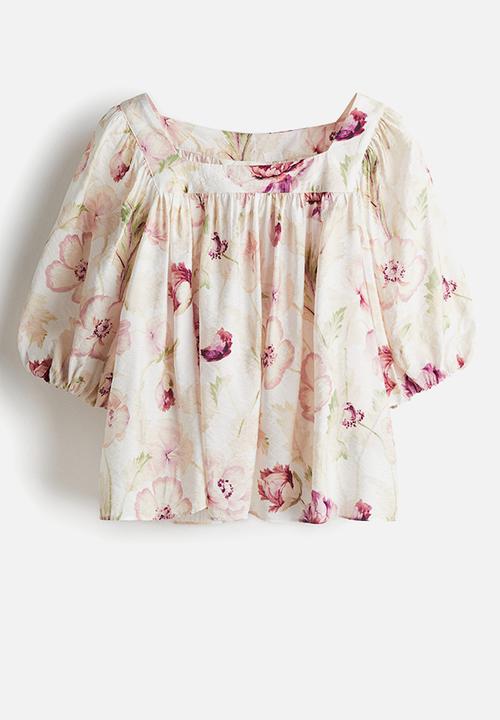 H&M - Balloon-sleeved blouse - cream & pink floral