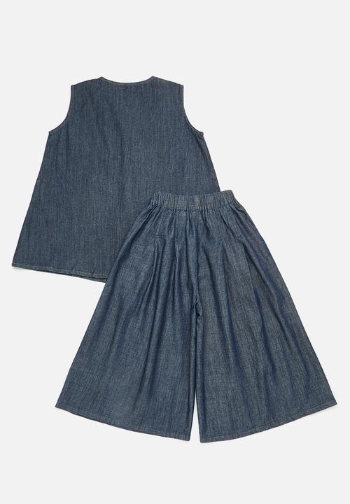 Pop Candy - Inverted pleat denim top with wide leg pants - dark blue