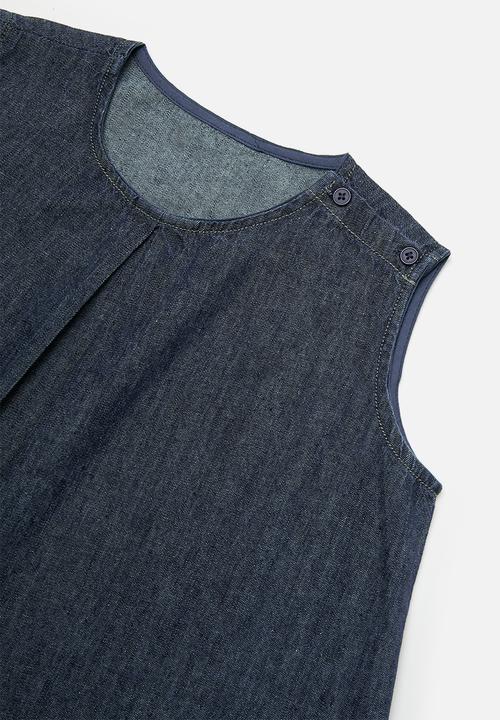 Pop Candy - Inverted pleat denim top with wide leg pants - dark blue