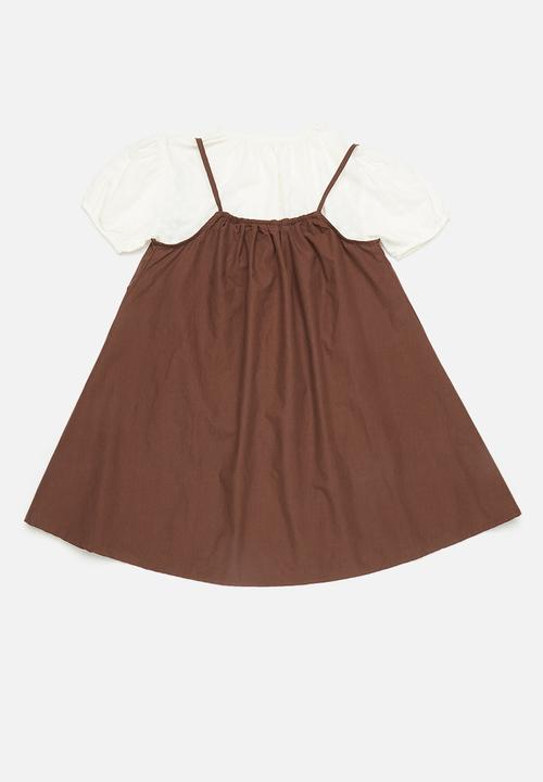Pop Candy - Mini dress with puff sleeved blouse - brown/white