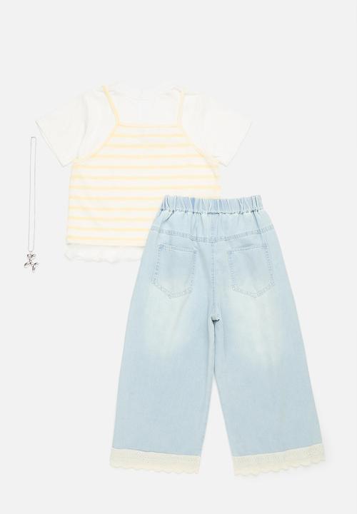 Pop Candy - Vest & lace trim tee with wide leg jeans - white/yellow/light blue