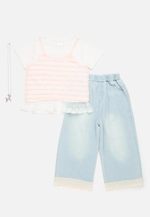 Pop Candy - Vest & lace trim tee with wide leg jeans - white/pink/light blue