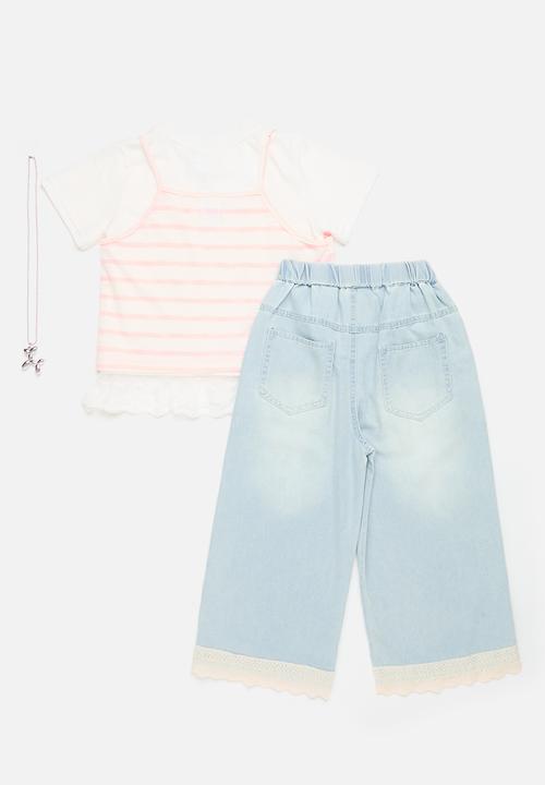Pop Candy - Vest & lace trim tee with wide leg jeans - white/pink/light blue