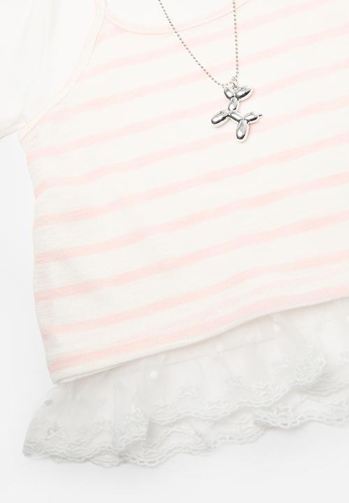 Pop Candy - Vest & lace trim tee with wide leg jeans - white/pink/light blue
