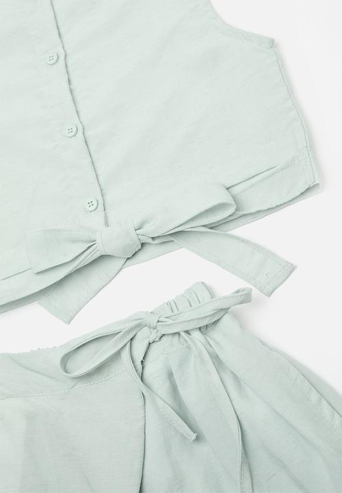 Pop Candy - Low tie-back top with wrap pants - duck egg blue
