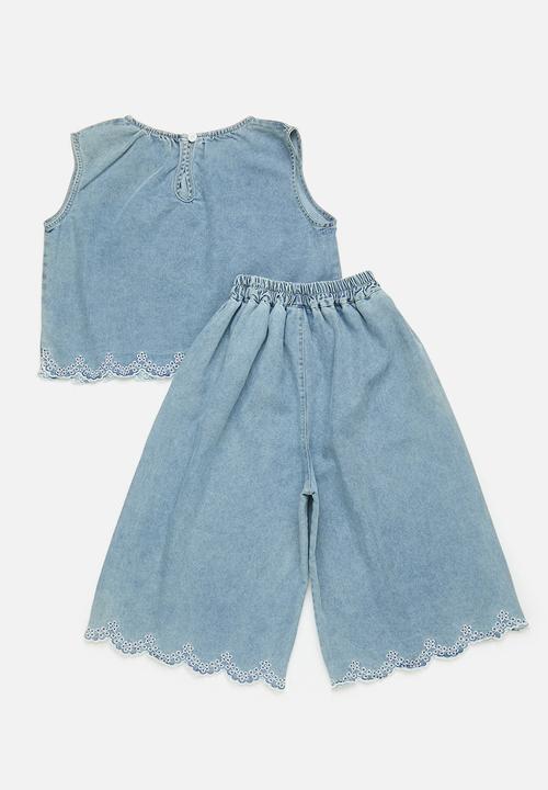Pop Candy - Crop denim top & wide leg jeans with embroidered anglaise hem - blue
