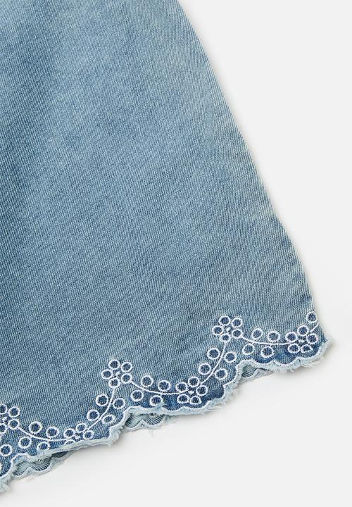Pop Candy - Crop denim top & wide leg jeans with embroidered anglaise hem - blue