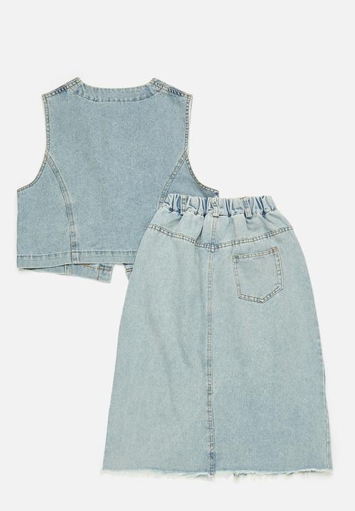 Pop Candy - Light wash denim vest with asymmetrical pockets & skirt - blue