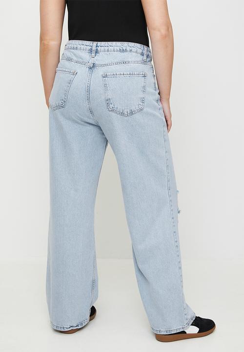 Trendyol - Plus size blue high waist destroyed wide leg  jeans - ice blue