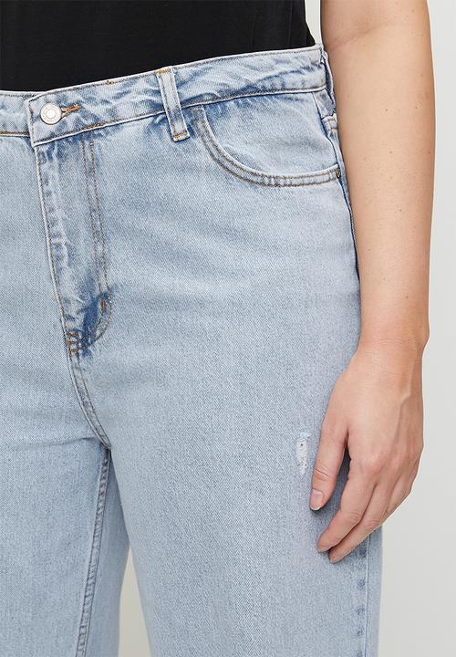 Trendyol - Plus size blue high waist destroyed wide leg  jeans - ice blue