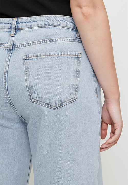 Trendyol - Plus size blue high waist destroyed wide leg  jeans - ice blue