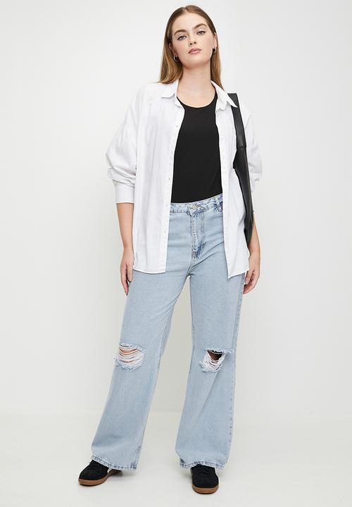 Trendyol - Plus size blue high waist destroyed wide leg  jeans - ice blue
