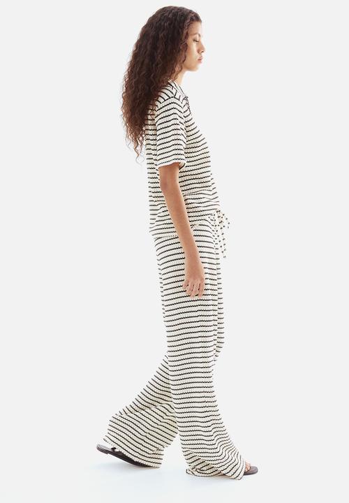 H&M - Textured-knit trousers - cream/striped