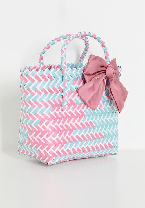 Pop Candy - Woven basket bag with contrast bow - pink/blue