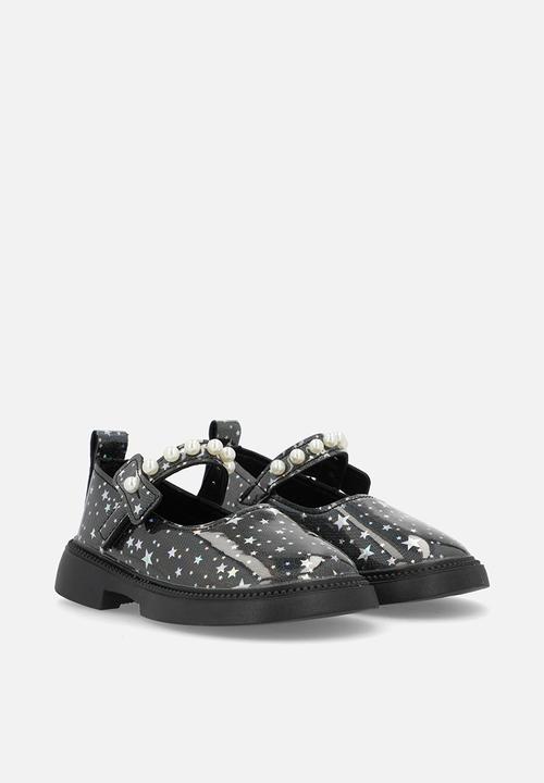 Pop Candy - Mary Janes with pearl studded strap - black/stars multi