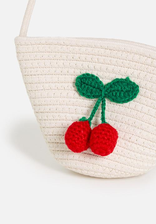 Pop Candy - Bucket-shaped straw bag with knitted cherries - ecru