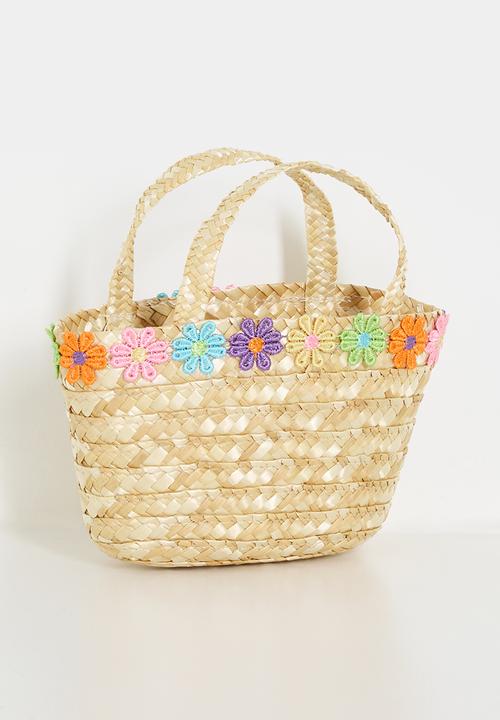 Pop Candy - Woven tote bag with flower chain feature - natural/multi