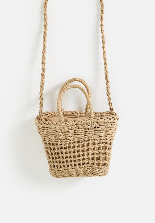 Pop Candy - Woven basket-style bag with knitted flowers - natural/multi