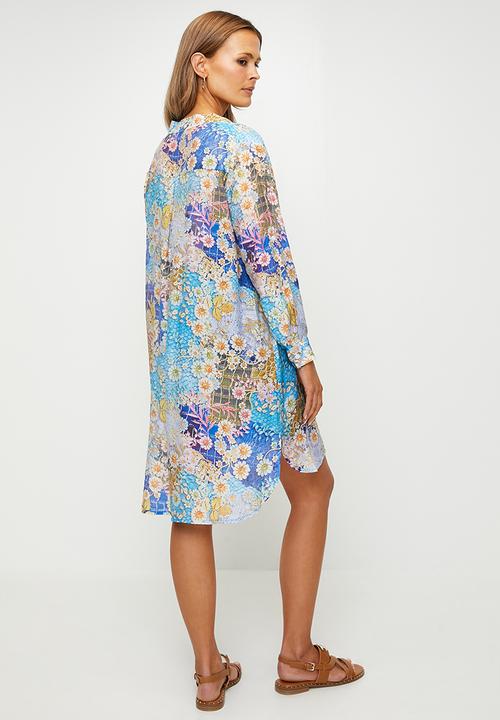 Stella Morgan - Three Quarter Sleeve Mandarin Collar Sheer Shirt Dress - Multi 