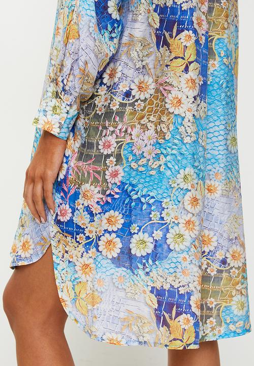 Stella Morgan - Three Quarter Sleeve Mandarin Collar Sheer Shirt Dress - Multi 