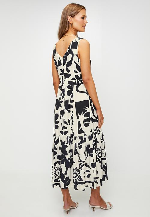 Izabel London - Sleeveless V-Neck Abstract Printed A-Line Max Dress - Ivory