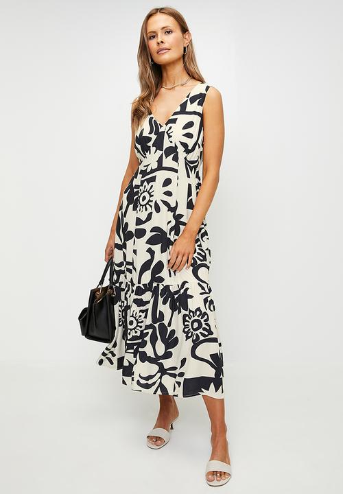Izabel London - Sleeveless V-Neck Abstract Printed A-Line Max Dress - Ivory