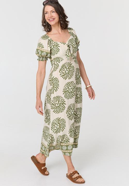 Izabel London - Tie Front A-Line Maxi Dress - Khaki