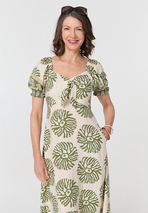 Izabel London - Tie Front A-Line Maxi Dress - Khaki
