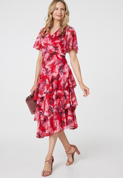 Izabel London - Midi Dress With 3 Asymmetrical Tiers - Red
