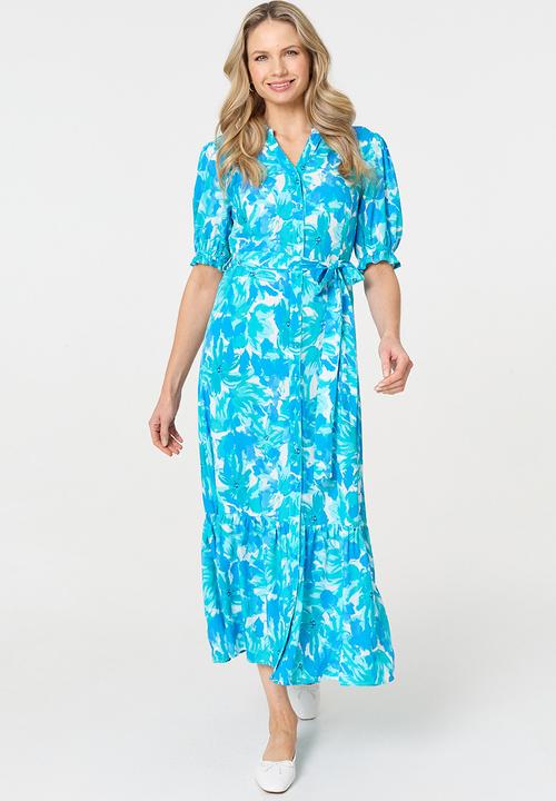 Izabel London - Maxi One Tiered Dress With Tie Belt - Blue