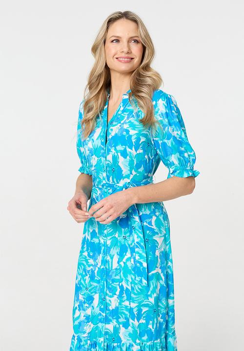 Izabel London - Maxi One Tiered Dress With Tie Belt - Blue