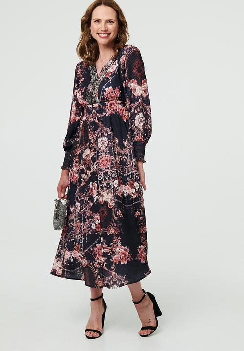 Stella Morgan - Smocked Sleeve V-Neck Border Maxi Dress - multi