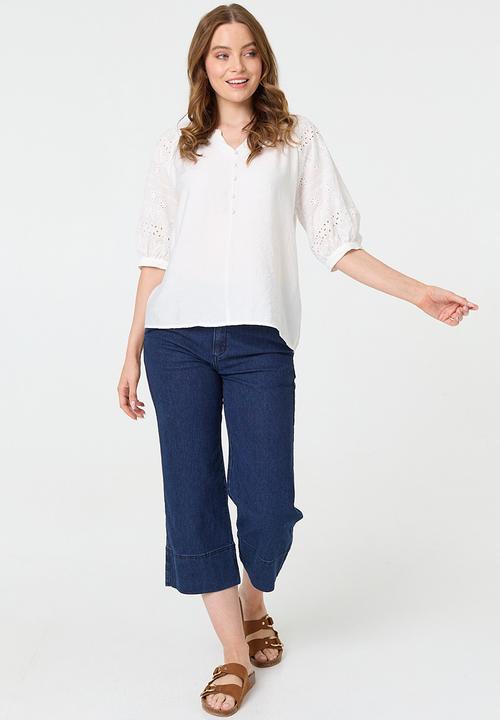 Stella Morgan - Mandarin Collar Keyhole Easy Wearing Blouse - White