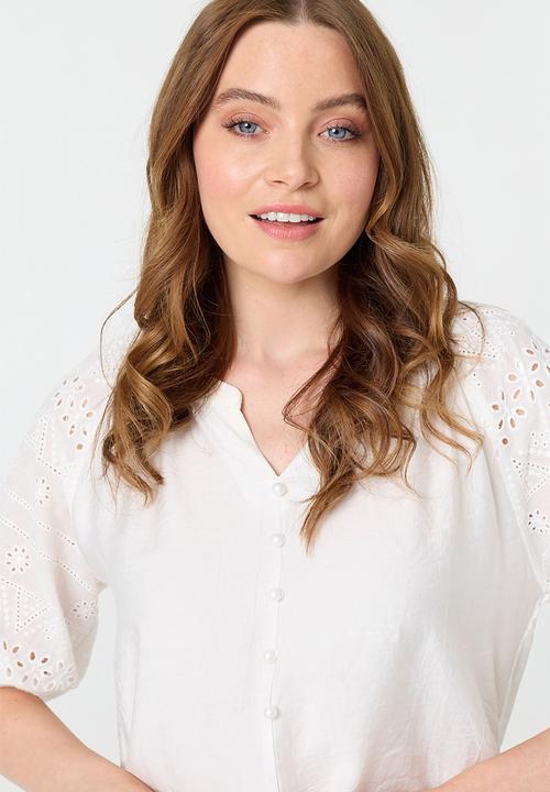 Stella Morgan - Mandarin Collar Keyhole Easy Wearing Blouse - White