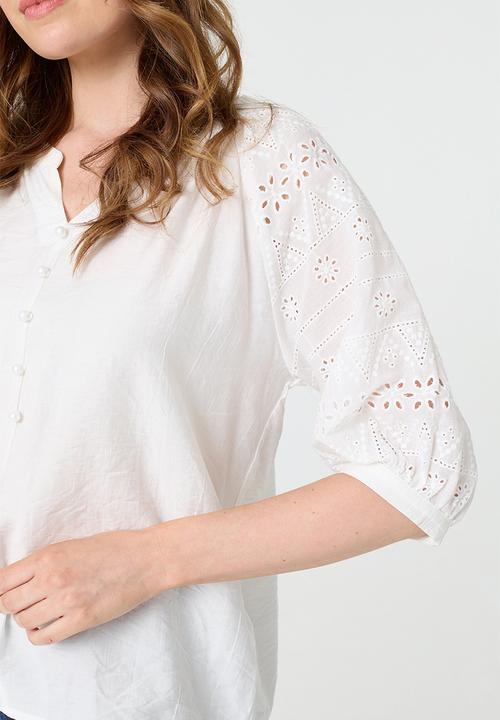 Stella Morgan - Mandarin Collar Keyhole Easy Wearing Blouse - White