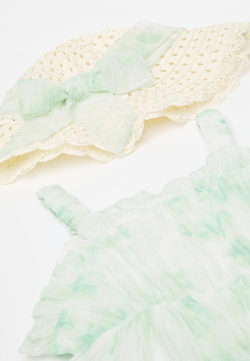 Pop Candy - Flounce tiered dress with sun hat - green/natural