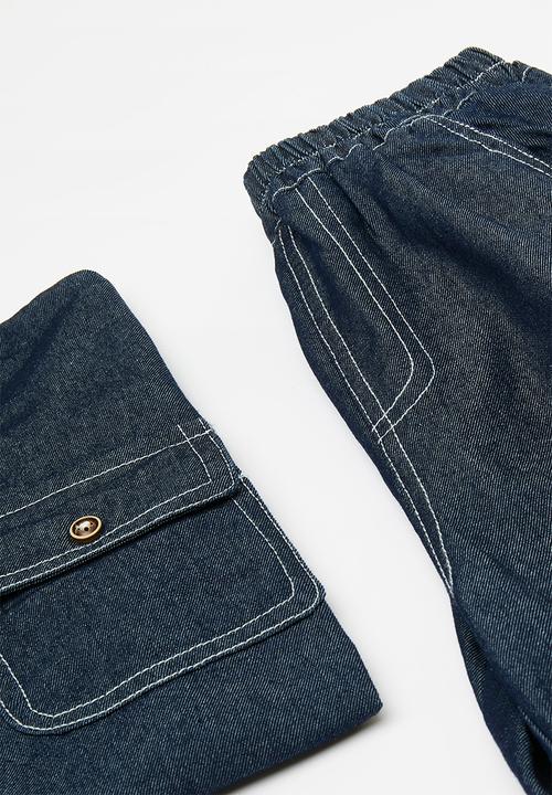 Pop Candy - Raw denim shirt & shorts with contrast stitching - navy