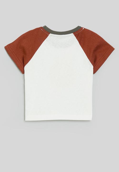 Pop Candy - Raglan sleeve tee with placement print - burnt orange/white/happy lion